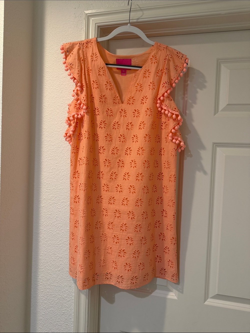 Lilly Pulitzer Pom Pom Trim Eyelet Shift Dress - Coral Orange